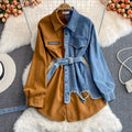 RNSHANGER Spring Women Long Shirts Casual Patchwork Denim Full Sleeve Single Breasted Shirts Turn Down Collar Irregular Blouses