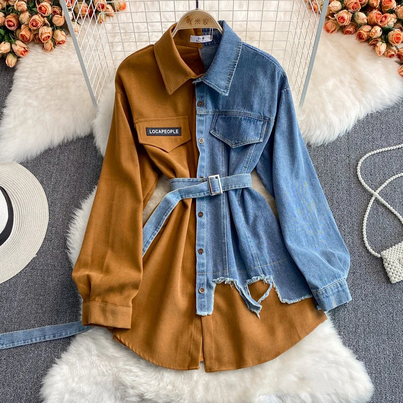 RNSHANGER Spring Women Long Shirts Casual Patchwork Denim Full Sleeve Single Breasted Shirts Turn Down Collar Irregular Blouses