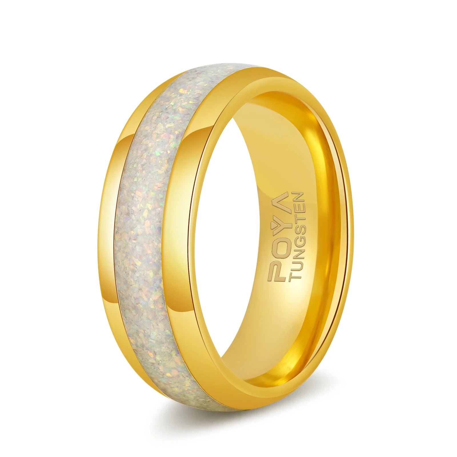 Poya Couple Matching Band Gold Plated Domed Tungsten Wedding Ring With White Opal Inlay