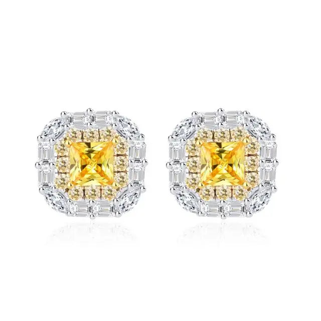 2022 Women's Gold-Plated Cubic Zirconia Stud Earrings 4mm Yellow Square Cut Full Zircon Sparkle for Weddings Anniversaries Gifts