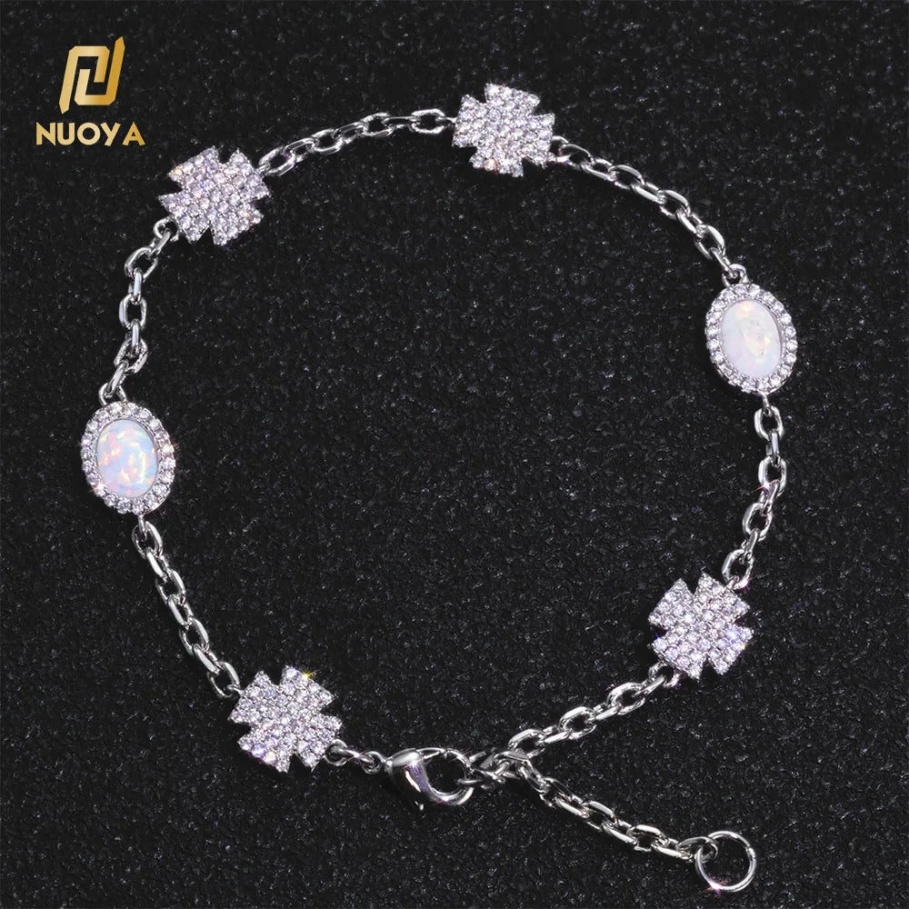 NUOYA Iced Out Link Chain Cross Bracelet Gold Silver Plated Diamond Zircon Opal Men's Hip Hop Jewelry