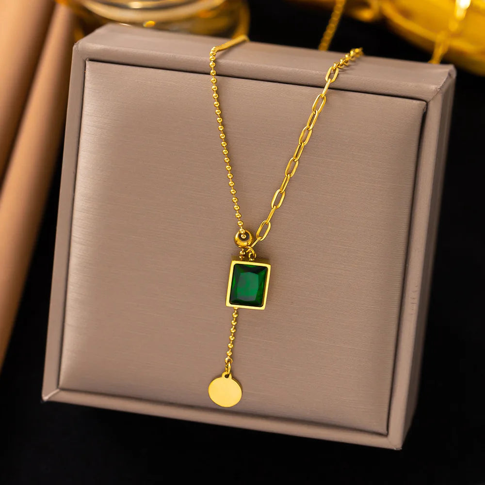 Wholesale Hot Sale Women Green Zircon Gemstone Pendant Necklace with Link Chain Geometric 18K Gold Plated Stainless Steel