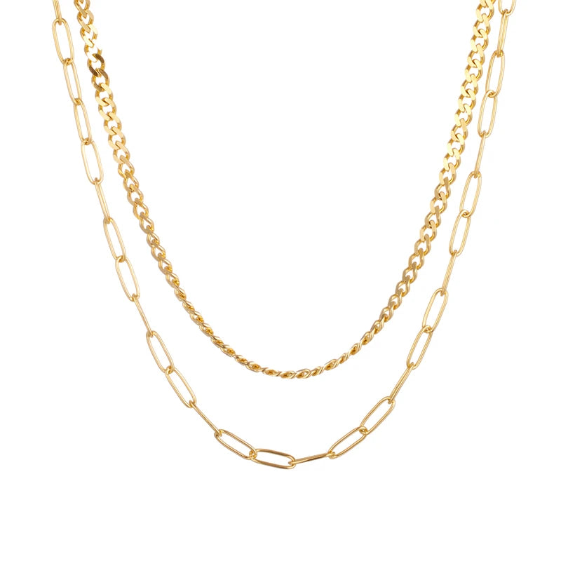 Double Layer Gold Plated Stainless Steel NK Chain Paper Clip Simple Sweater Hip Hop Necklace for Wedding or Gift
