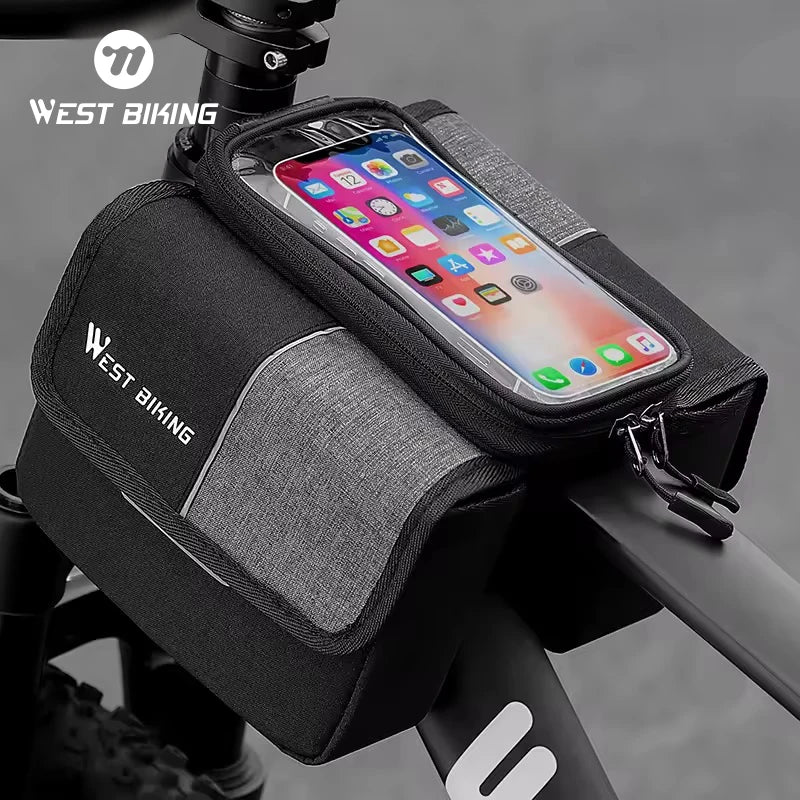 WEST BIKING Bicycle Touch Screen TPU Leather Front Tube Bag Bike Accessories 7 Inch Large Capacity Bike Tube Frame Bag