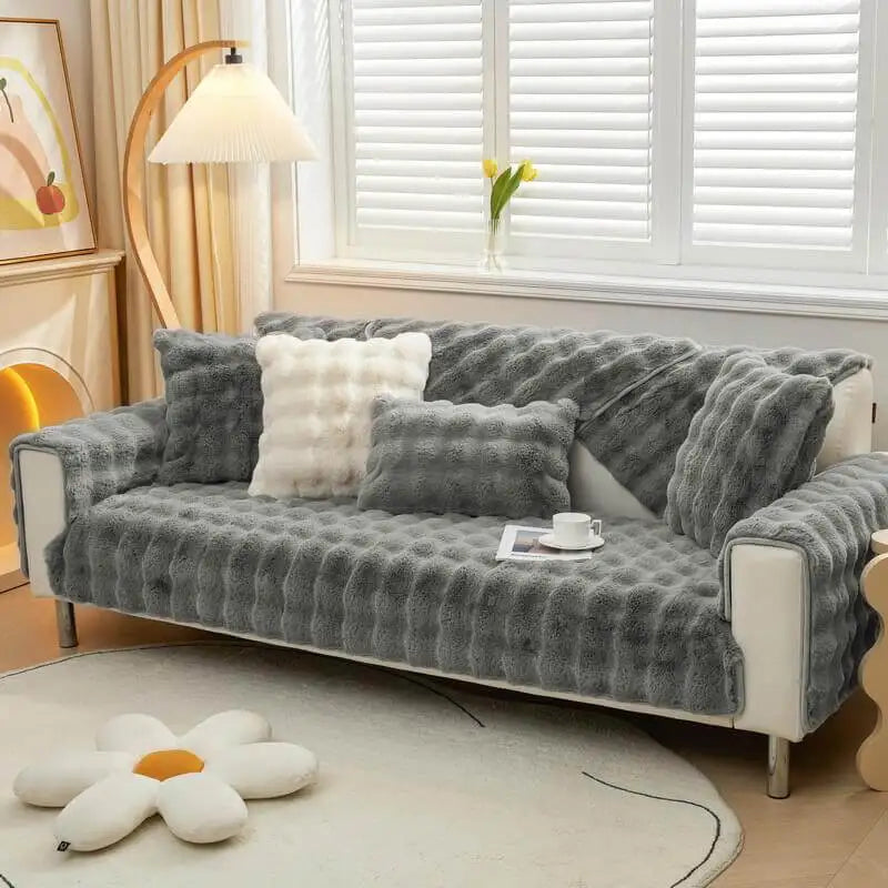 Rabbit Plush Pet Sofa Cover Protector Non-Slip Sofa Cushion Cover Solid Color Non-Shedding Fluffy Sofa Towel Couch Cushion Cover