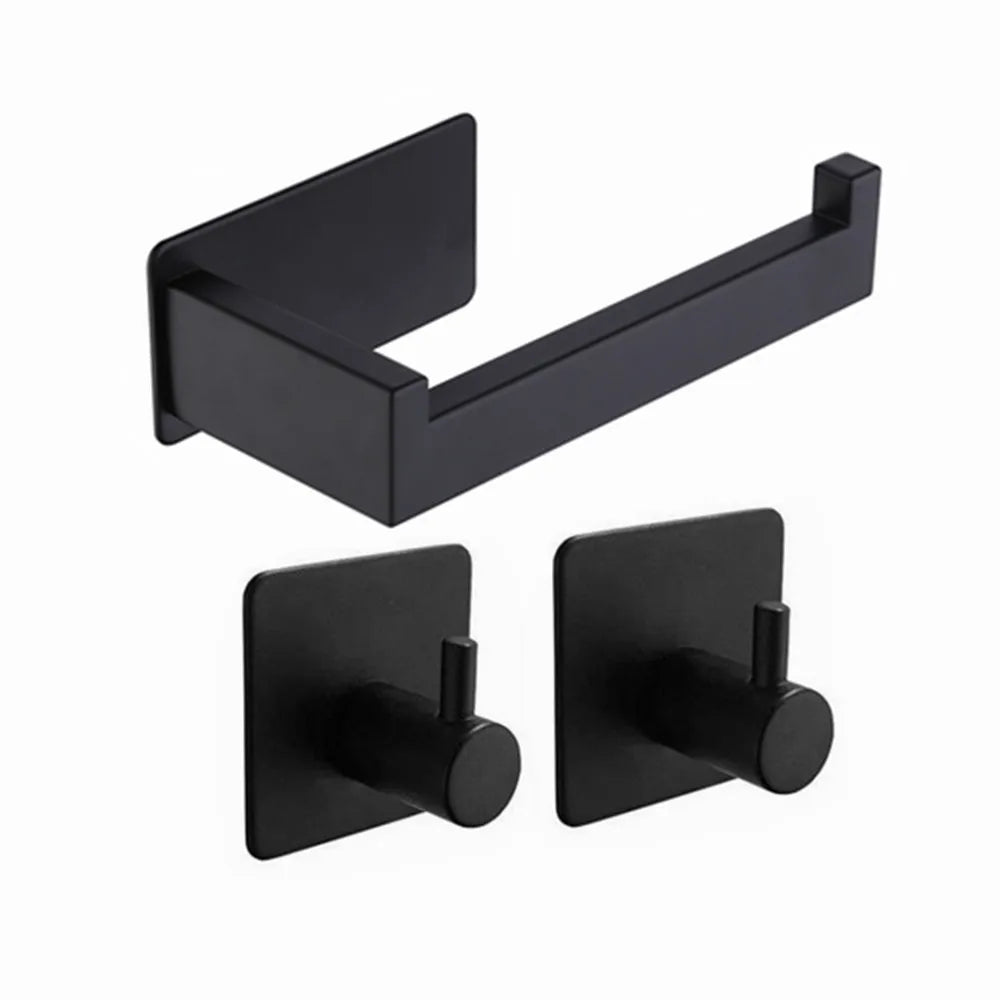 Modern Black Stainless Steel Bathroom Accessories Toilet Paper Holder and Towel Hooks No Drilling for Home & Hotel Use