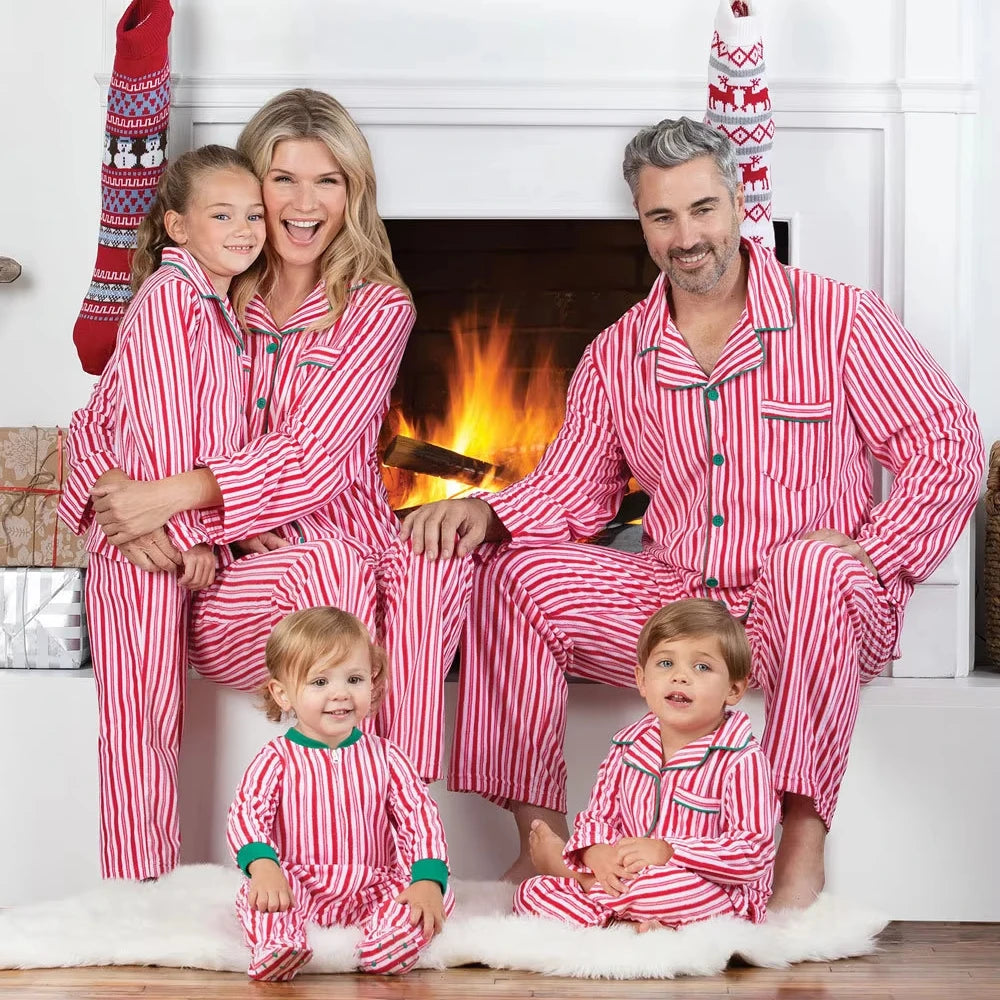 2024 Soft Striped Button Christmas Outfits Long Sleeve Parent-Child Home Wear Turn-Down Collar Christmas Family Pajamas Sets