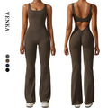 Custom Logo Women Full Length Elastic Compression Fitness Jumpsuit Nylon Spandex Beautiful Back Flare One Piece Yoga Jumpsuit