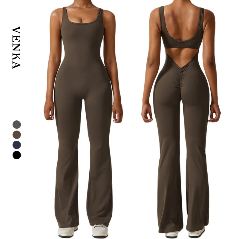 Custom Logo Women Full Length Elastic Compression Fitness Jumpsuit Nylon Spandex Beautiful Back Flare One Piece Yoga Jumpsuit
