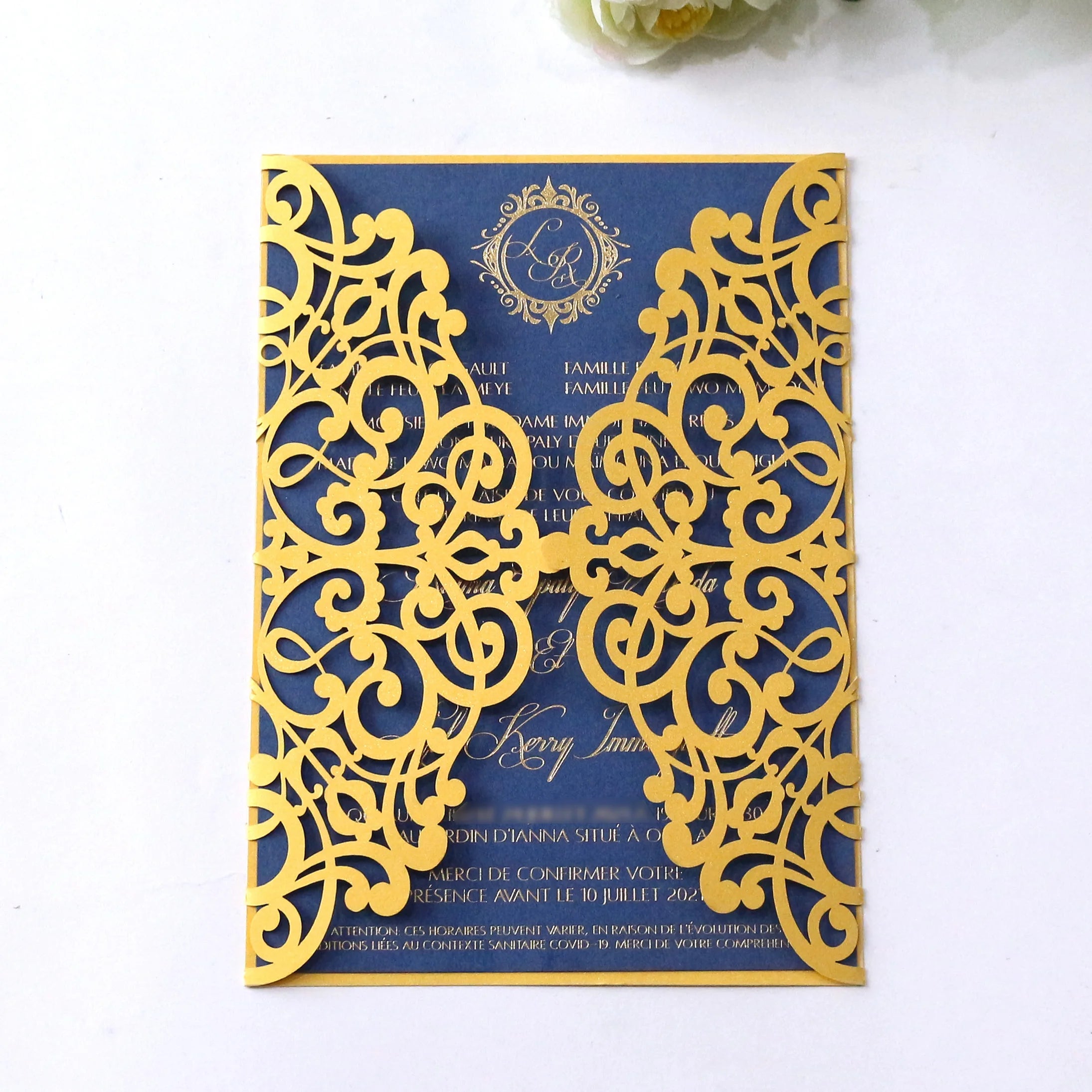 Custom Color Party Invitations Yellow Laser Cut Cards Good Quality Wedding Cards Navy Blue Inner Pages With Blank Envelope