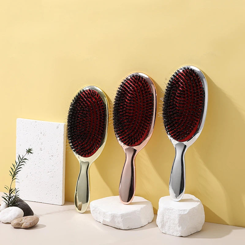 Gold and Silver Color Electroplating Boar Bristle Paddle Oval Hair Brush Anti Static Hair Massage Hair Extension Brush and Comb