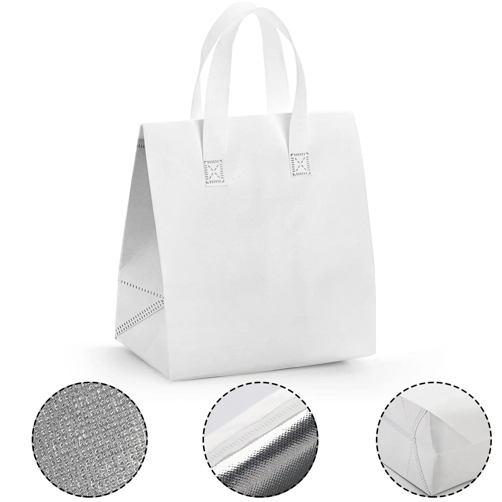 Fondofold PP Non-woven Waterproof Take Away Bags Small Insulated Cooler Thermal White Zipper Closure Portable Handled Hot&cold