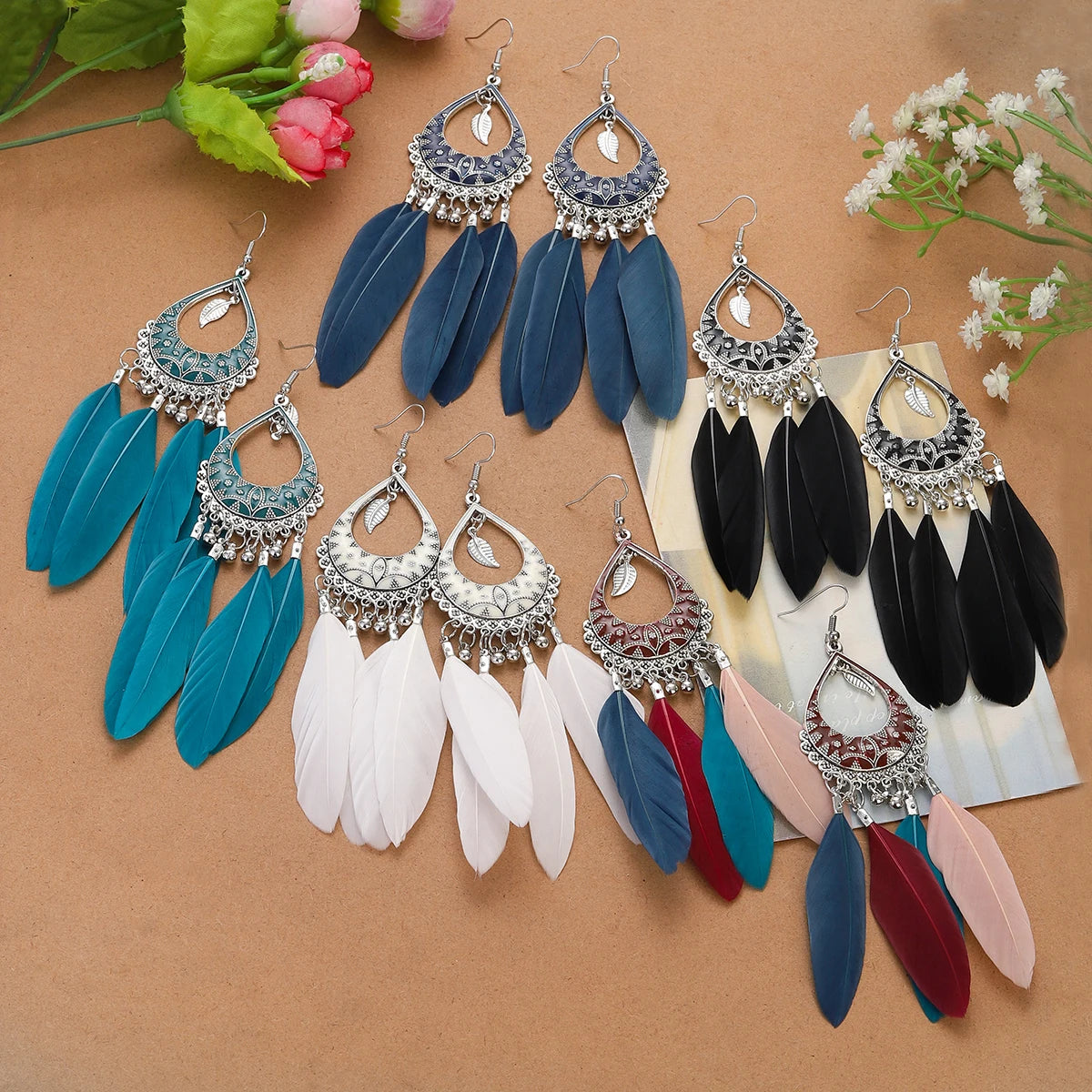 2024 Fashion Feather Earrings for Women Trendy Bohemian Drop-shaped Alloy Handmade Rhinestone Leaf Feather Drop Dangle Earring