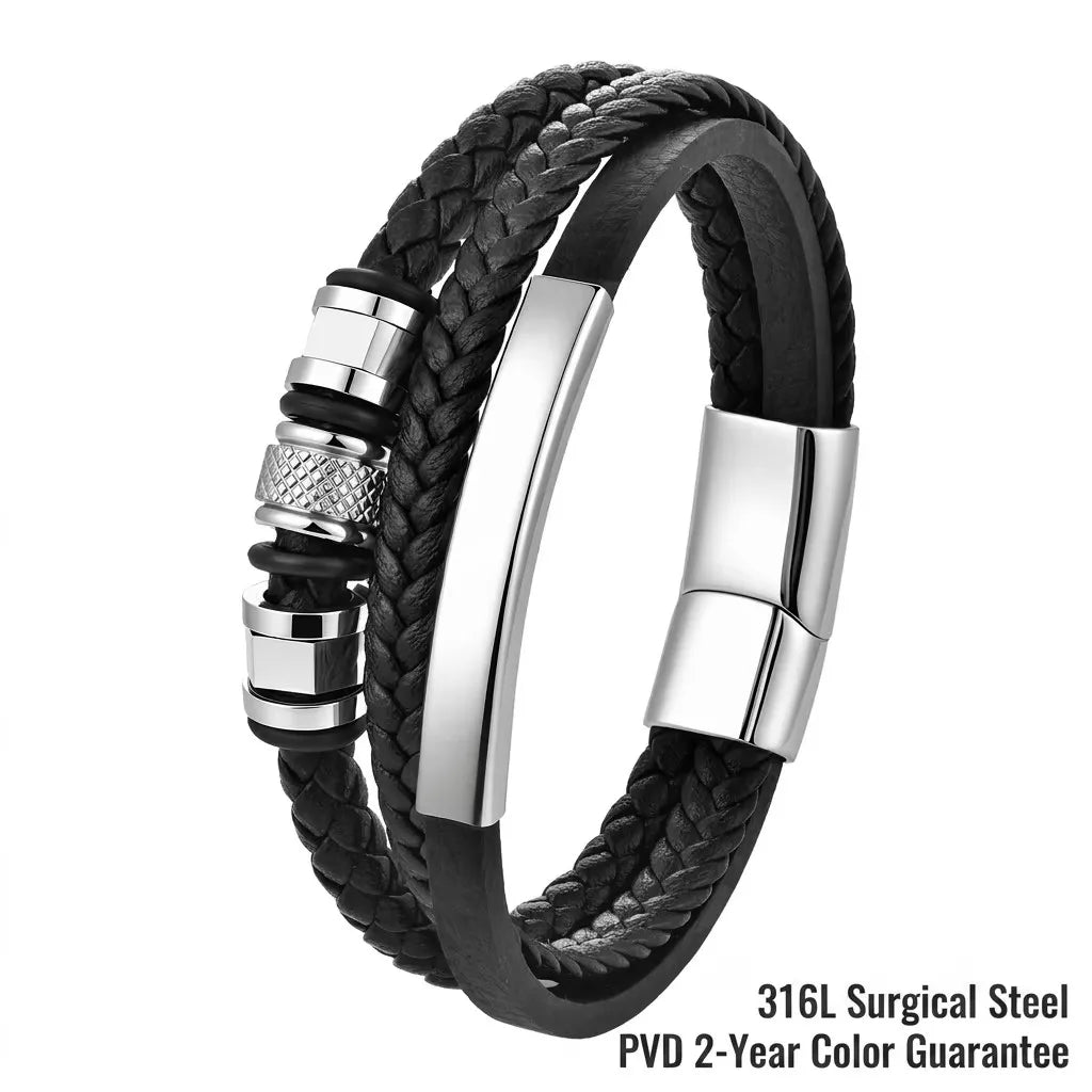 Genuine Leather Braided Bracelet 316L Stainless Steel Magnetic Clasp Custom Logo PVD Gold Plated Hypoallergenic