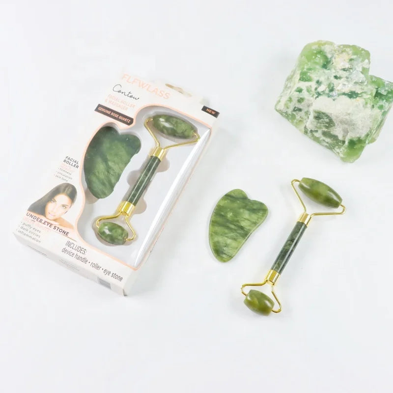 Xiuyan Dark Green Jade Roller & Gua Sha Facial Tools Natural Anti-Aging Jade Beauty Skin-Care Tool