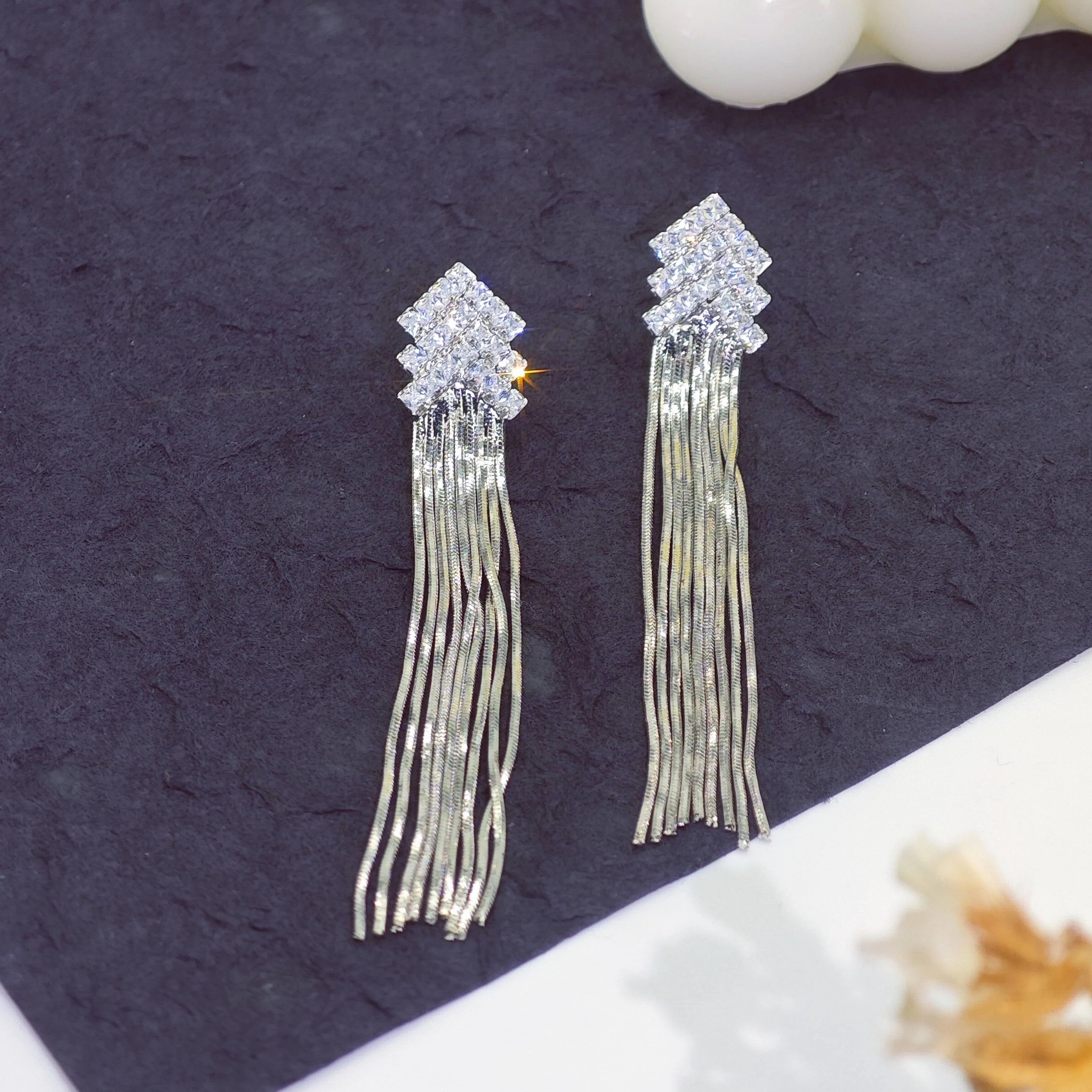 Ilona Sparkling Long Snake Chain Tassel Earrings Silver Plated Copper Baguette CZ Diamond Drop Studs Evening Party Jewelry Gift