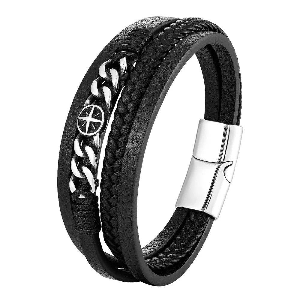 Men's Trendy Multilayer Woven Stainless Steel Chain Compass Multicolor Leather Bracelet for Parties