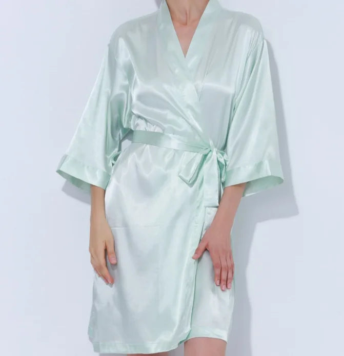 FUNG Hot Sale Solid Color Glossy Dressing Gown Bathrobe Woman Spring and Autumn Mid-length Cardigan Bridal Bridesmaid Morning Go
