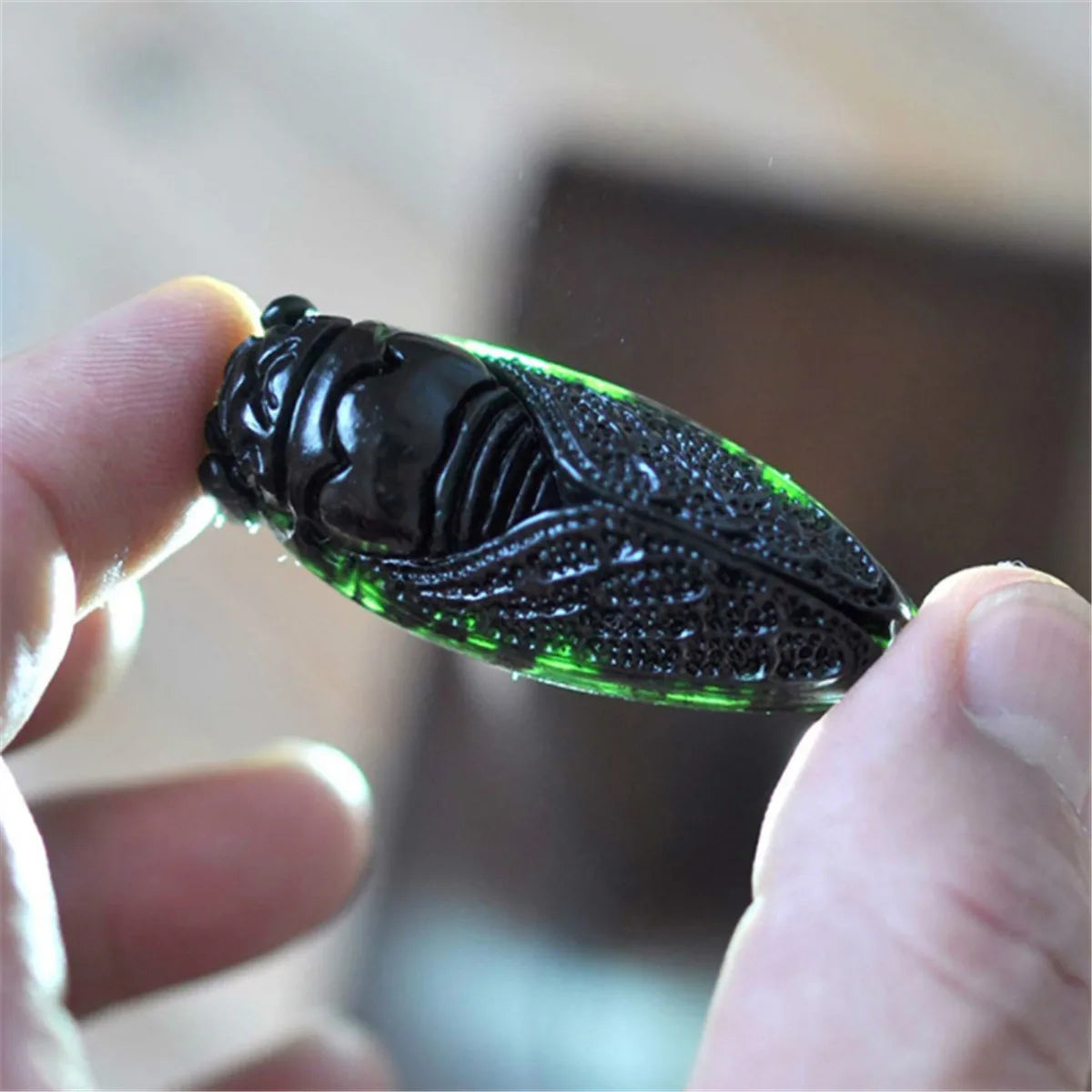 Natural Obsidian Green Jade Hand Carved Cicada Good Luck Charm DIY Jewelry Necklace Pendant