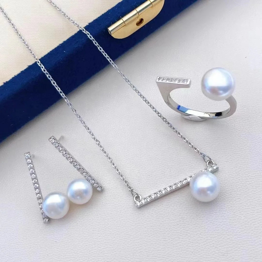 JW116 9-10mm  DIY Natural Real Freshwater Pearl Set Charm  Accessories 925 Sterling Silver  Gold Plated Jewelry Set for Women