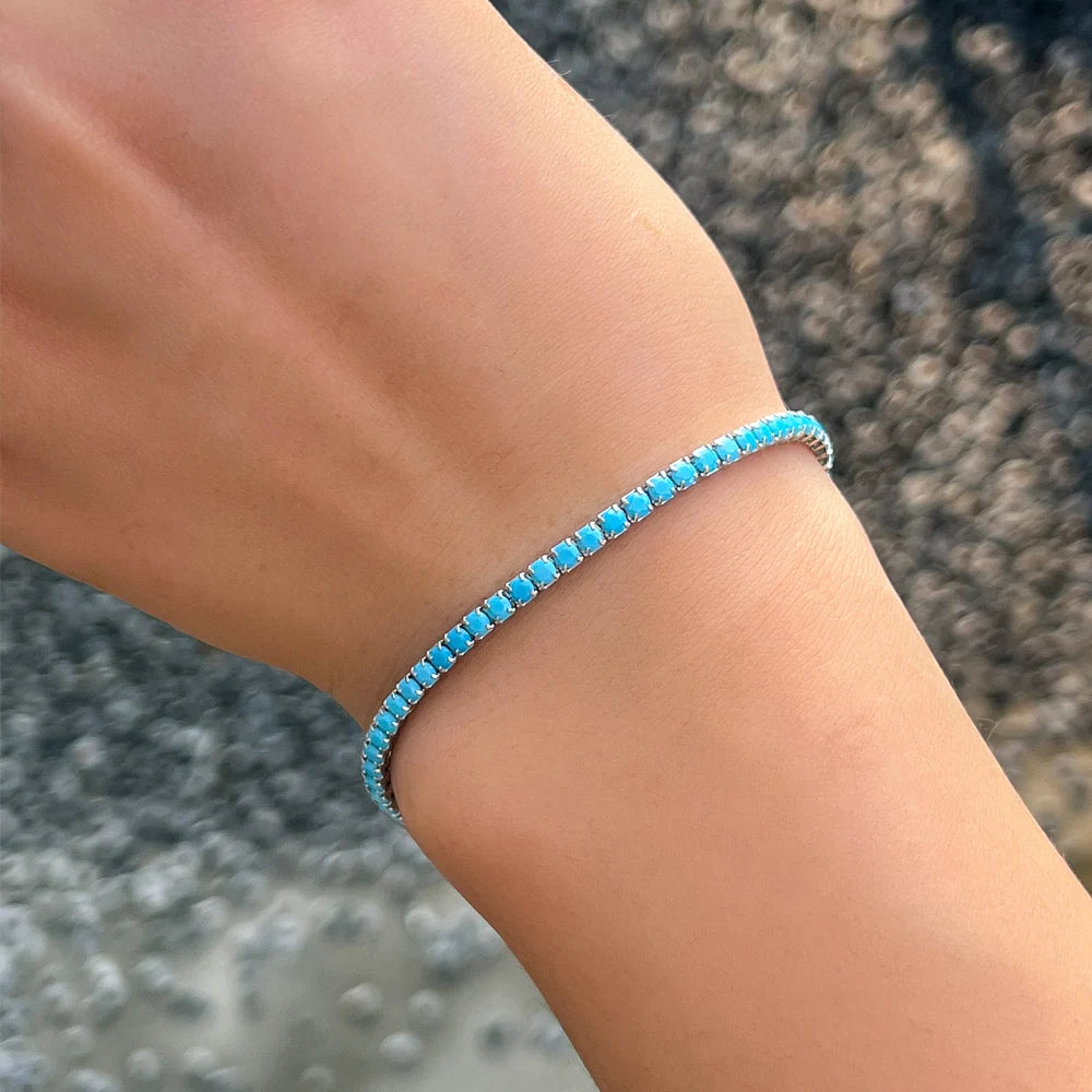 Fashion 925 Sterling Silver Lobster Clasp Blue Turquoise Stone Adjustable 2.5mm Tennis Bracelet for Women's Wedding Accessories
