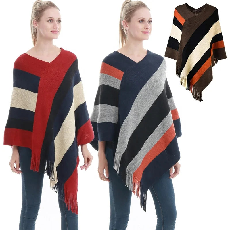 Elegant Knitted Shawls and Wraps Mexican Poncho Blanket Stripe Sweater Coat Wool Cloak Red Cape