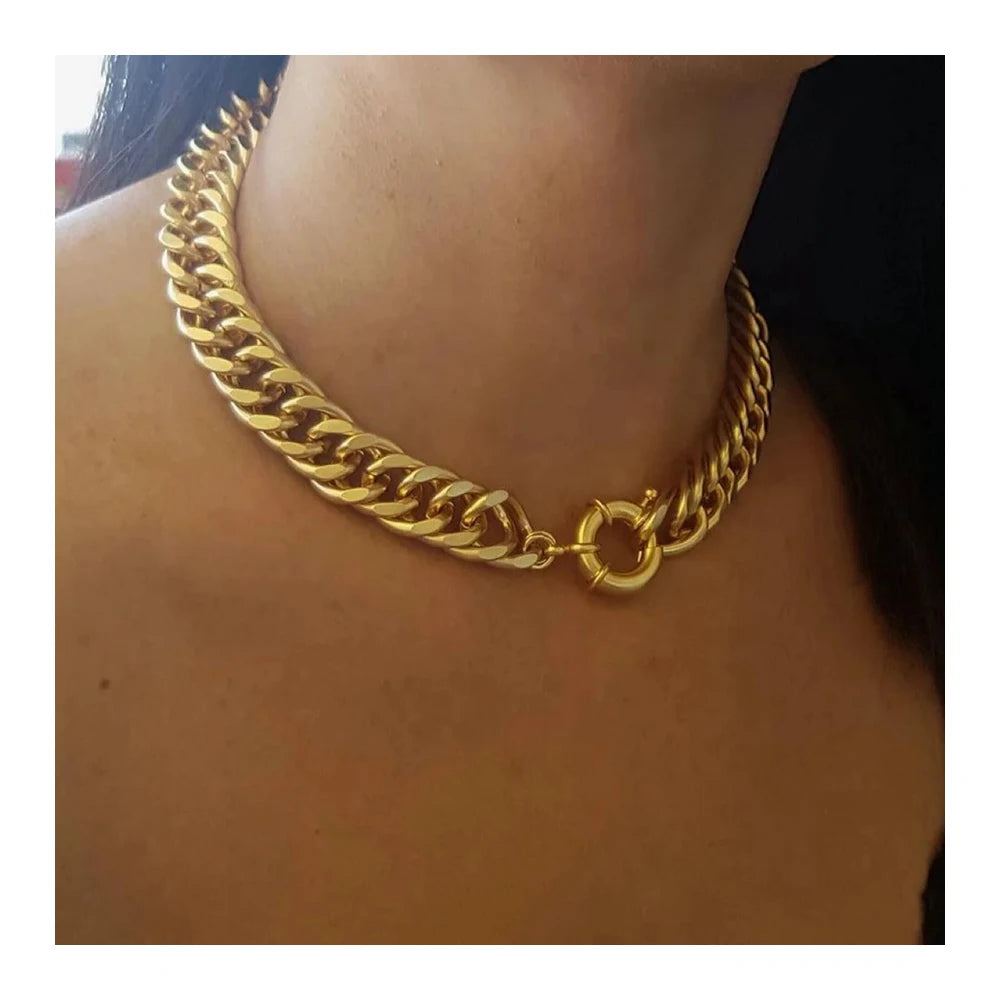 Punk Waterproof Women Jewelry 10mm Wide 18K Gold Plated Stainless Steel Thick Chunky Cuban Chain Choker Necklace YF3130