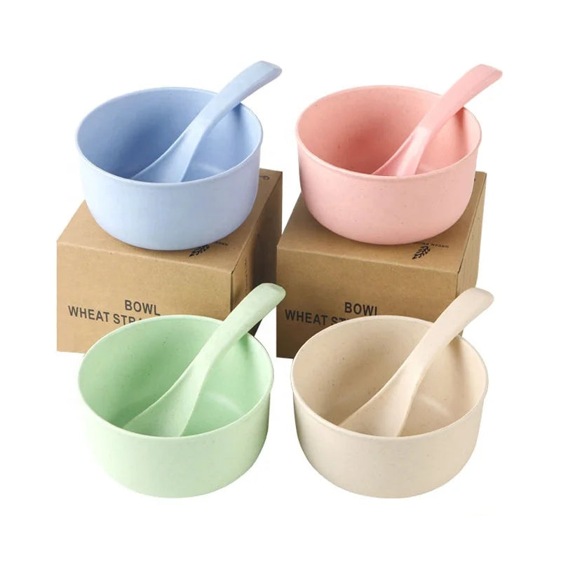 Wheat Straw Fiber Bowl Degradable Reusable Materials Eco-friendly Dinnerware Creative Soup Bowls and Spoon 2pcs / Set with Box