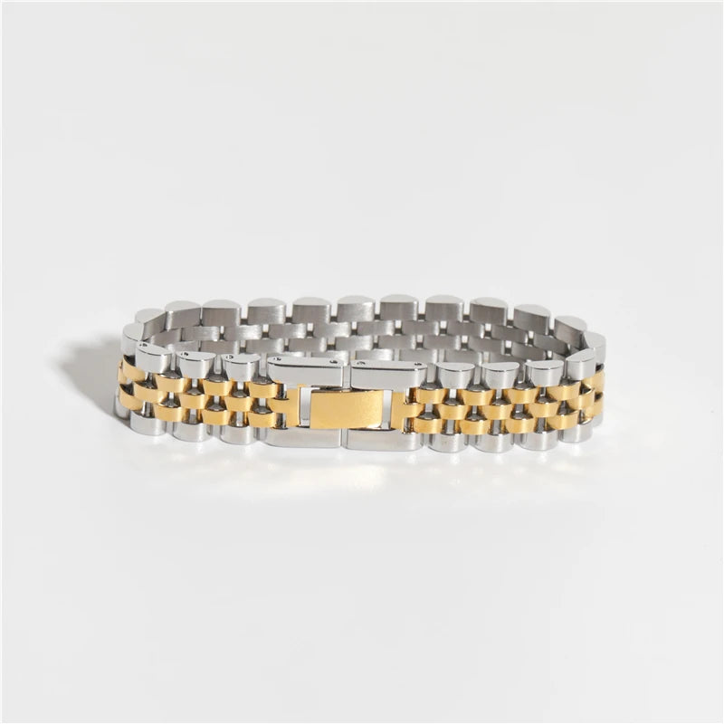 13mm High End  Adjustable  Trendy Bold 18k PVD  Gold  Plated 2 Tones Chunky Band Stainless Steel Bracelet