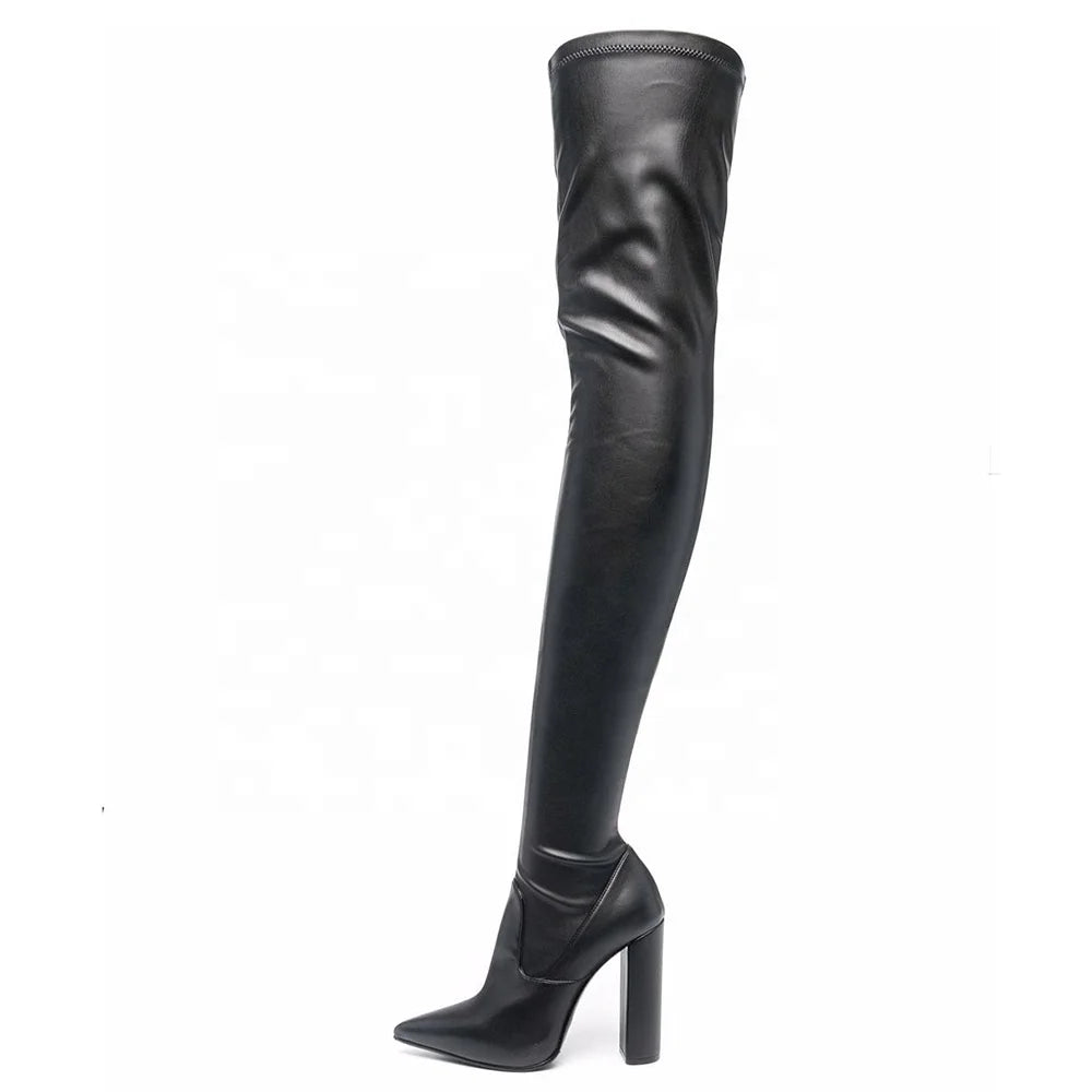 Plus Size High Heel Over the Knee Pointed Toe Legging Baddie Thigh High Stretch Boots With Chunky Heel Black