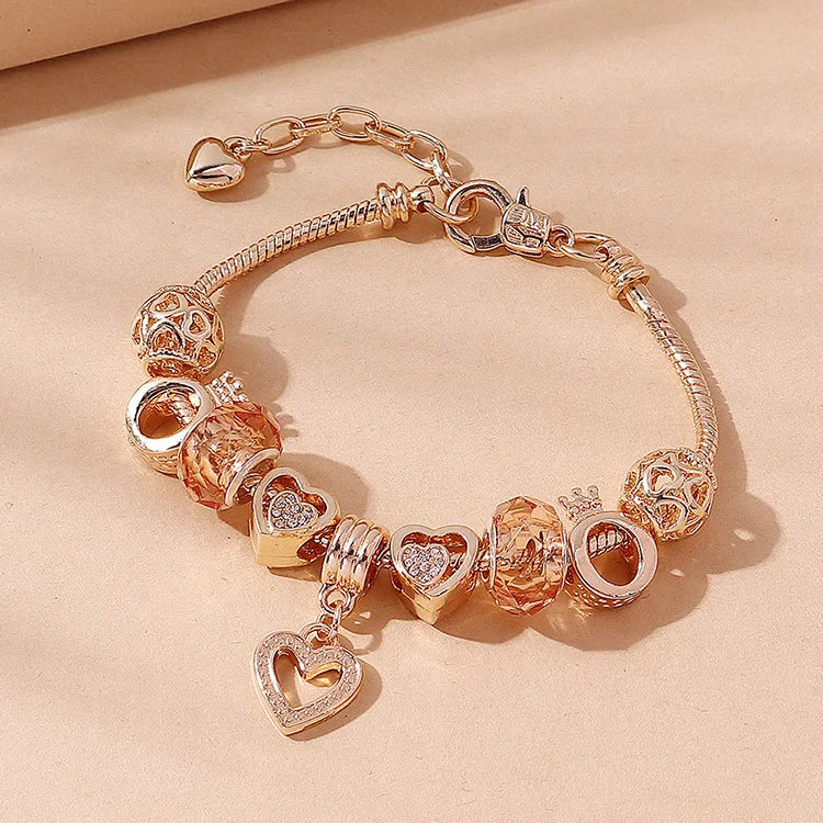 Wholesale New European Creative Peach Heart Crown Bracelet Rose Gold Plated Crystal Heart Pendant Charm Bracelet for Women