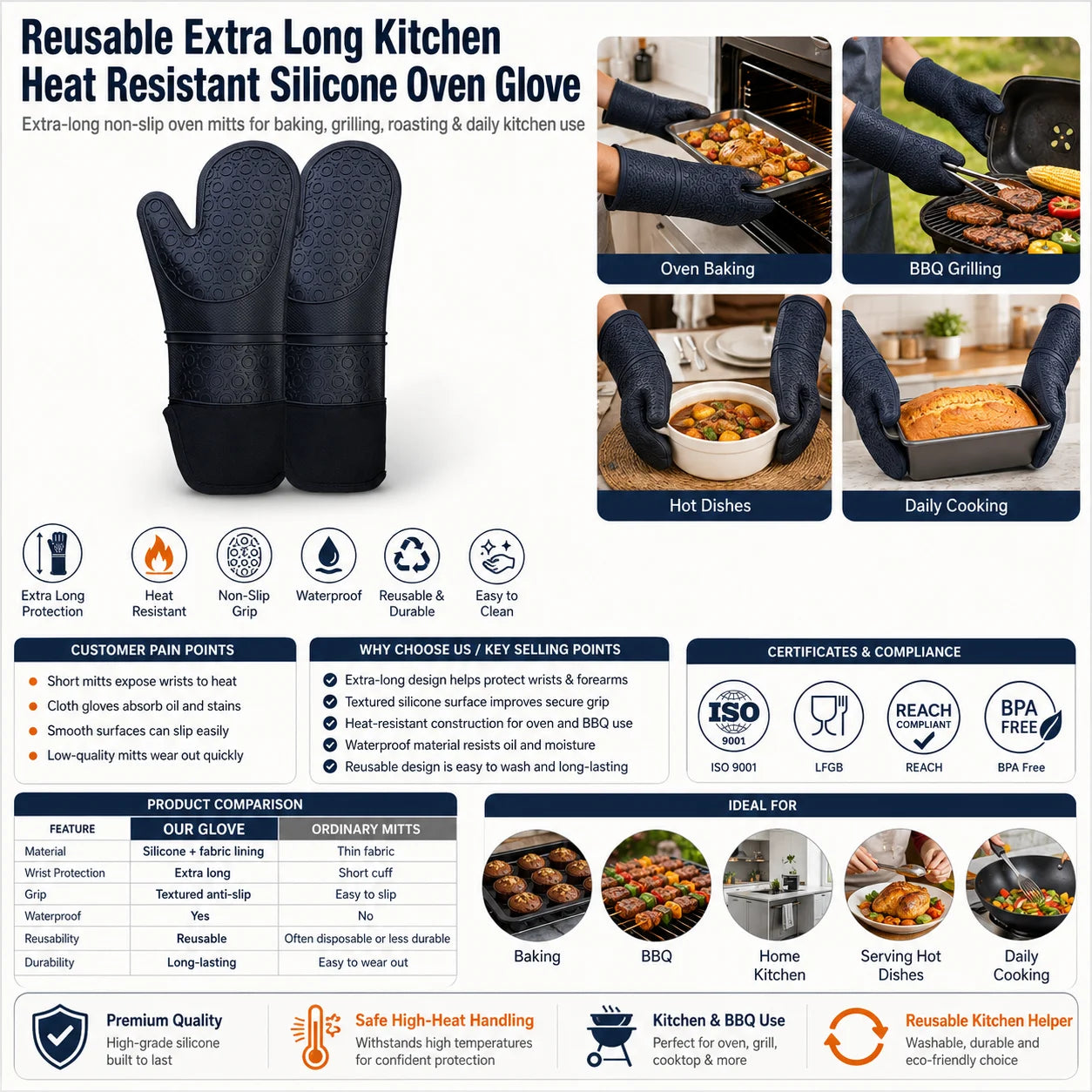 Customized Logo Reusable Extra Long Silicone Oven Glove OEM ODM Heat Resistant Kitchen Mitt Wholesale