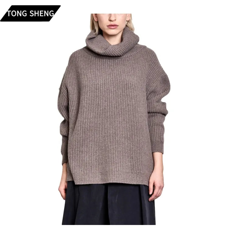 2026 Spring Knit Sweater Lambswool Cashmere Tilted Side Seams Oversized Roll Neck Women's Sweater