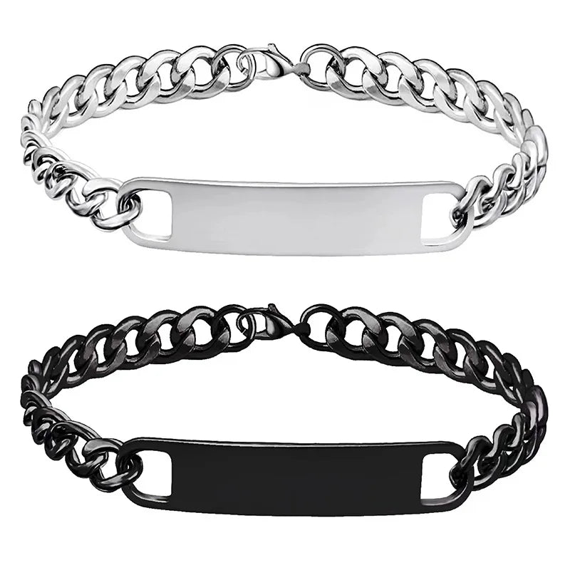 Casual Sporty Geometric Bracelets 18K Gold Plated Silver Blank ID Plate Stainless Steel Cuban Link Chain Bracelets
