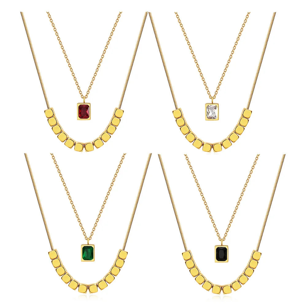 2024 Ladies CZ Necklace Double Chain Jewelry Stainless Steel Non Tarnish 18k Gold Plated Necklace Accessories Wholesale