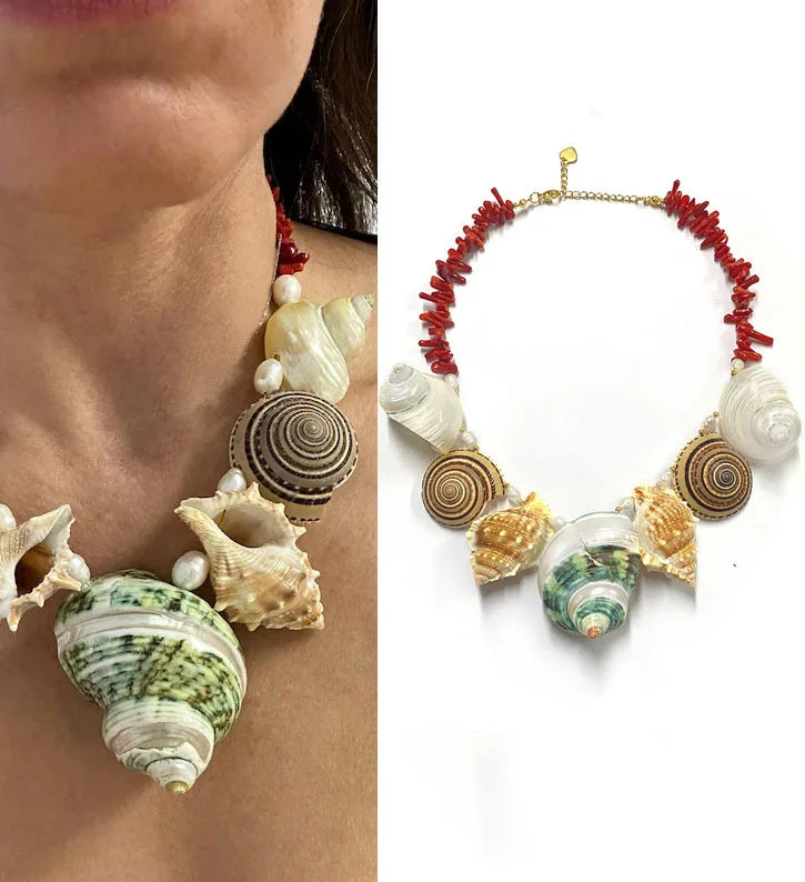Summer Beach Hot Selling Colored Natural Stone Beads Chain Shell Pendant Handmade Beaded Necklace for Women Vacation Jewelry