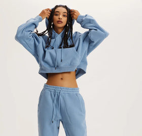 Winter Thickening Solid Short Hoody Sets Fitness Wear Sweatpants and Hoodies Set Women