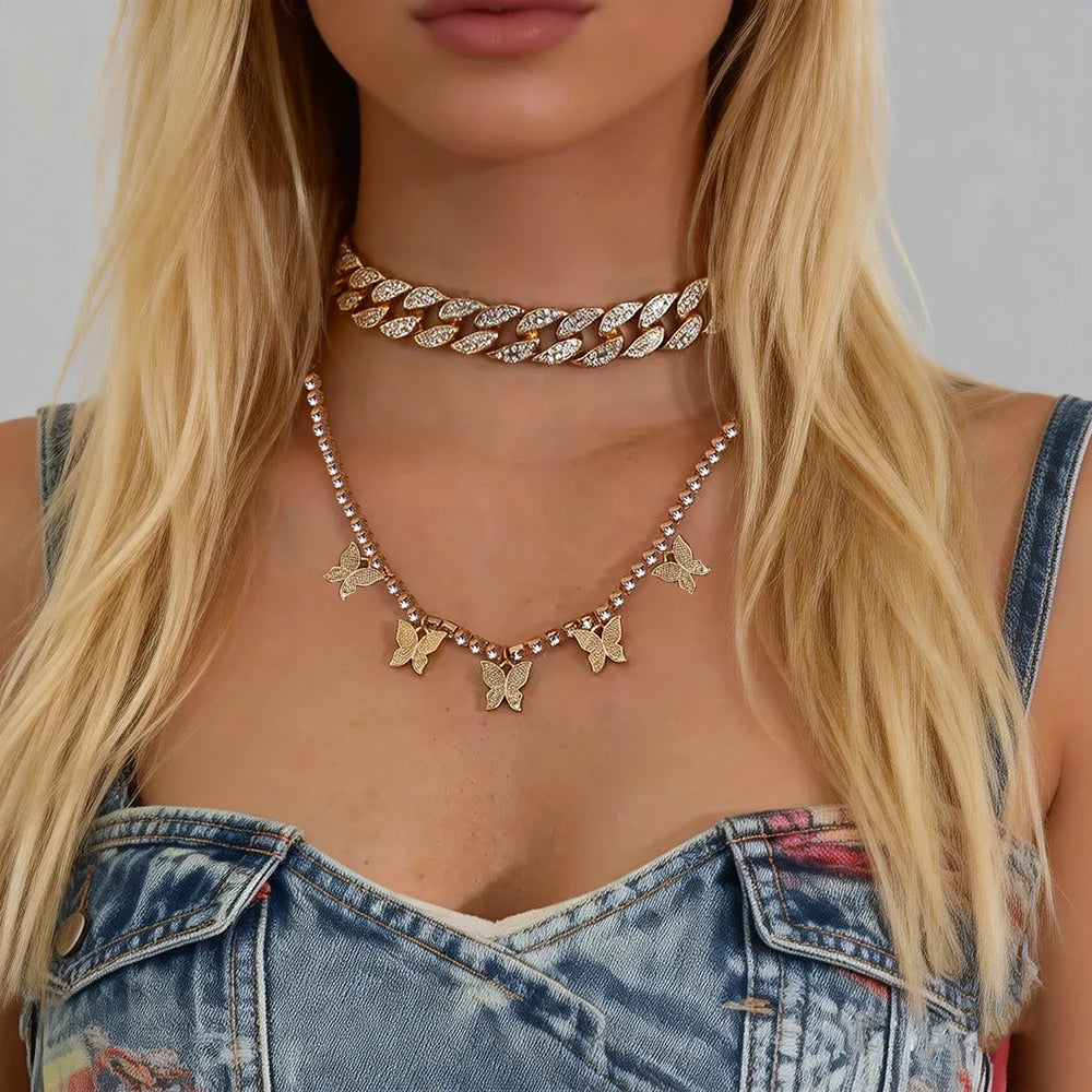 SHIXIN Wholesale Shiny Rhinestone Butterfly Pendant Necklace Hot Sale Crystal Choker Necklace Jewelry Accessories