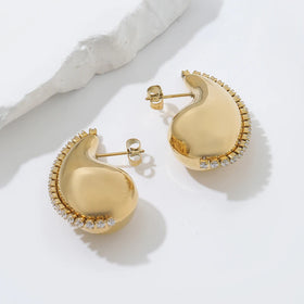 Ruigang Custom Stainless Steel Fashion Jewelry Earrings Waterproof Chunky Stud Earring Cubic Zirconia Hollow Water Drop Earring