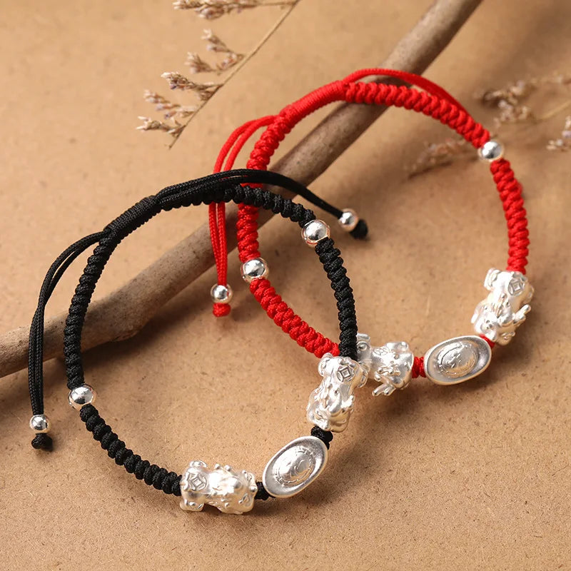 Braided Couple S990 Sterling Silver Bracelet for Men and Women Antique Woven Red Rope Bracelet Diy Bracelet Jewelry Gift