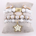5pc White Howlite Gemstone Crystal Glass Beads Bracelet Alloy Leaf CZ Bangle Metal Epoxy Star Charm Stack Bracelet Sets