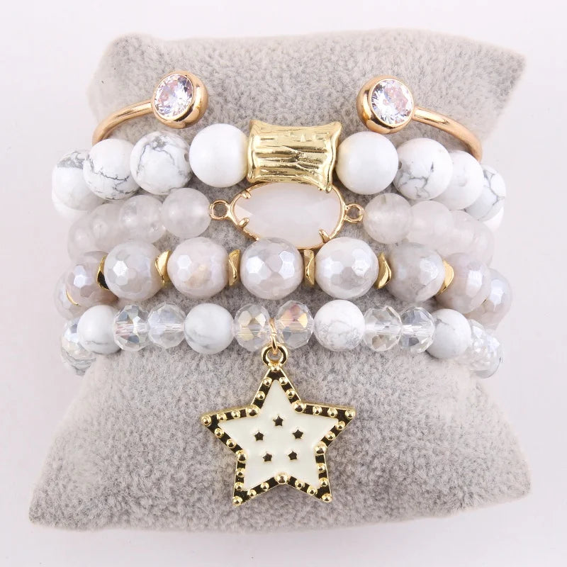 5pc White Howlite Gemstone Crystal Glass Beads Bracelet Alloy Leaf CZ Bangle Metal Epoxy Star Charm Stack Bracelet Sets