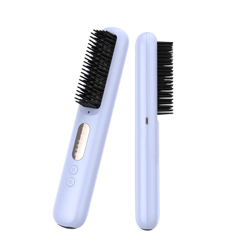 Portable Cordless Hair Straightener Brush with Hot Comb and Flat Iron Wireless Design Plastic Handle