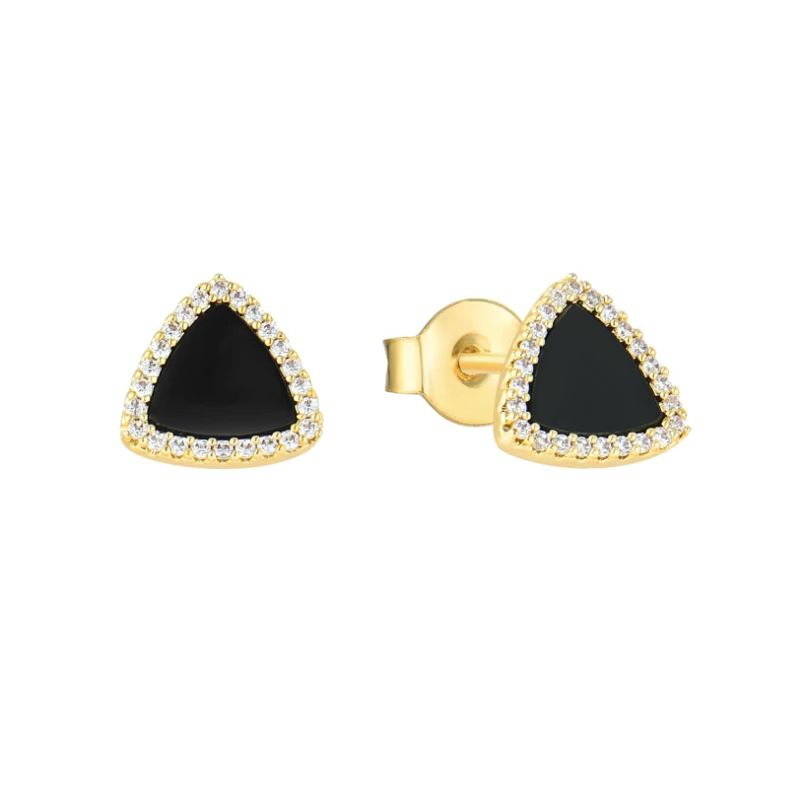 18K Gold Plated Minimalist Dainty Triangle Stud Earrings with Black Onyx & Zircon Diamond Trim
