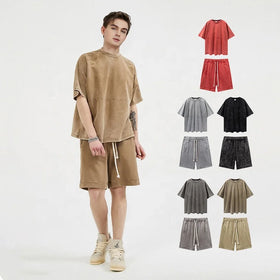 Custom High Quality 100% Cotton Waffle Printed Acid Washed T-Shirt and Sports Shorts Two-Piece Set for Summer