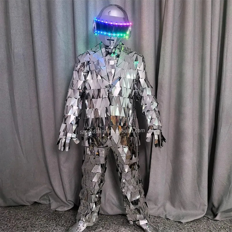 DJ Club Party Mirror Jumpsuit Fashionable Costume Nightclub Stage Dancers Reflective LED Hat-Shaped Clothing Dance Costumes