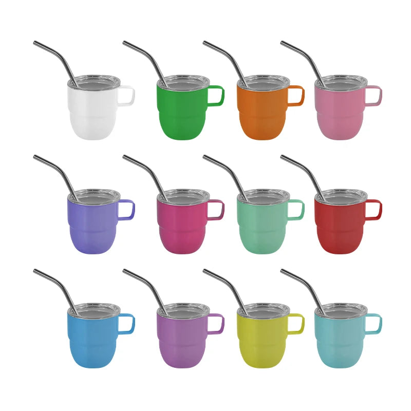 3oz Customize Powder Coated Mini Double Wall Coffee Mug With Handle Stainless Steel Tumbler With Lids and Metal Straw