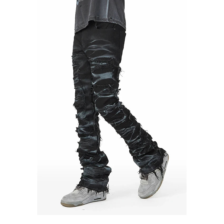 Hip Hop Raw Hem Streetwear Printed Black Flare Stacked Denim Jeans Men Custom Jean