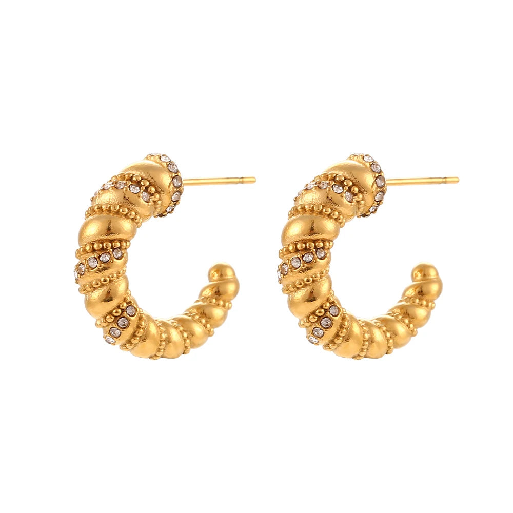 Waterproof 18K Gold Plated Jewelry Stainless Steel Diamond Cubic Zirconia C Twist Rope Hoop Earrings for Women
