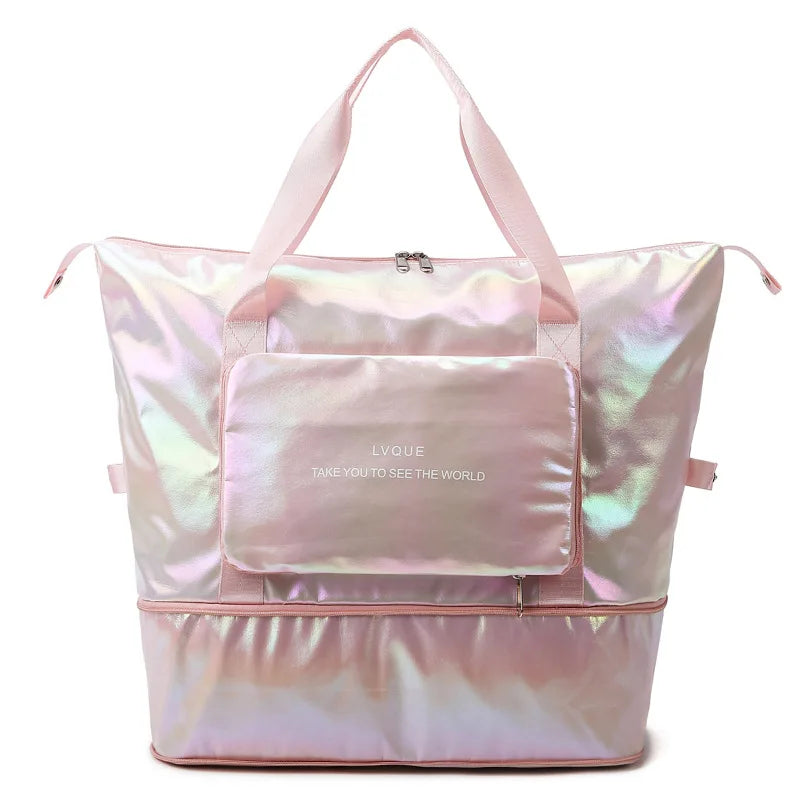 2024 New Women's Large Capacity Gym Bag Aurora Shiny Waterproof Handbag Foldable Travel Lightweight Zipper Closure Fashion Style